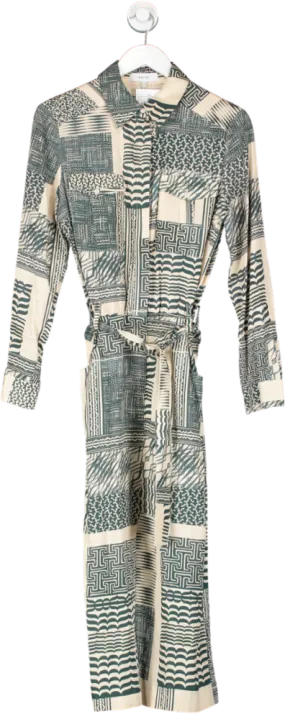 REISS Beige Viscose Belted Maxi Dress With Abstract Print UK 10