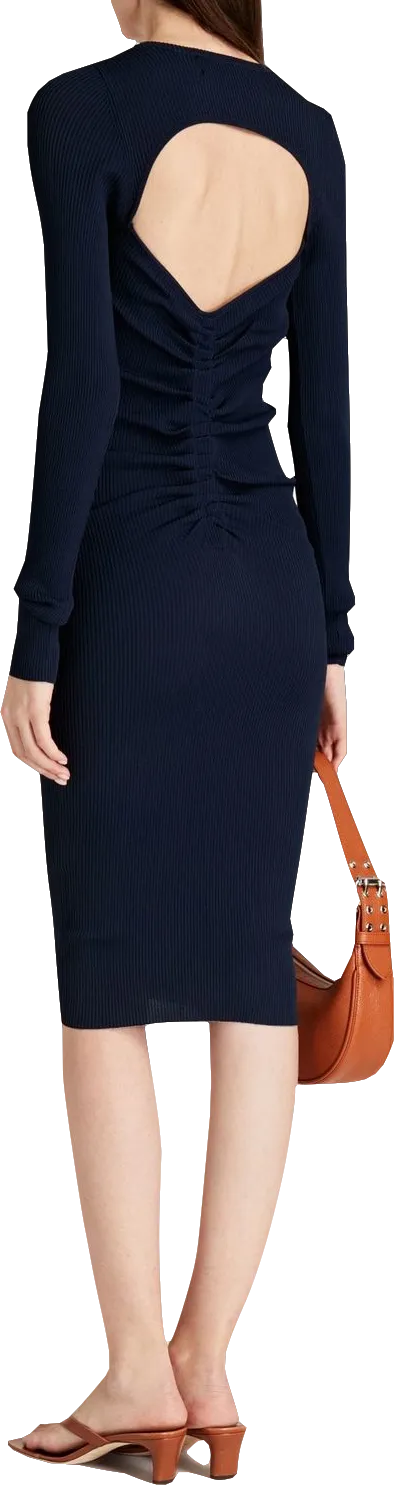 Remain Birger Christensen Midnight Blue Serena Ruched Ribbed-knit Midi Dress Bnwt UK 10