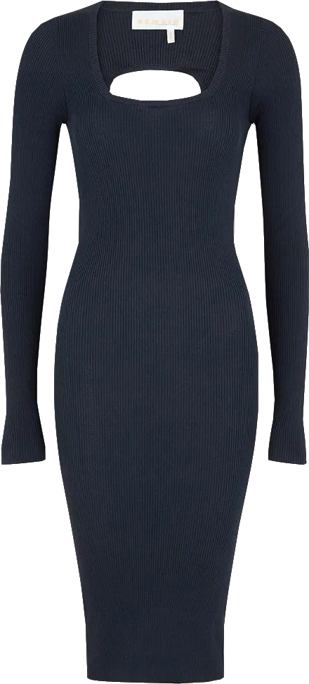 Remain Birger Christensen Midnight Blue Serena Ruched Ribbed-knit Midi Dress Bnwt UK 10