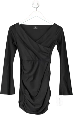 Ruched & Ready Black Bardot Ruched Mini Dress UK S