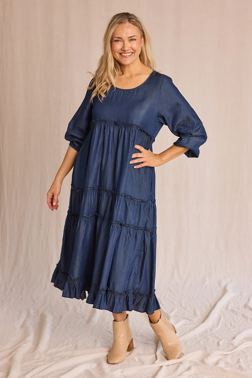 Sabre Frill Maxi Tencel Dress in Mid Wash