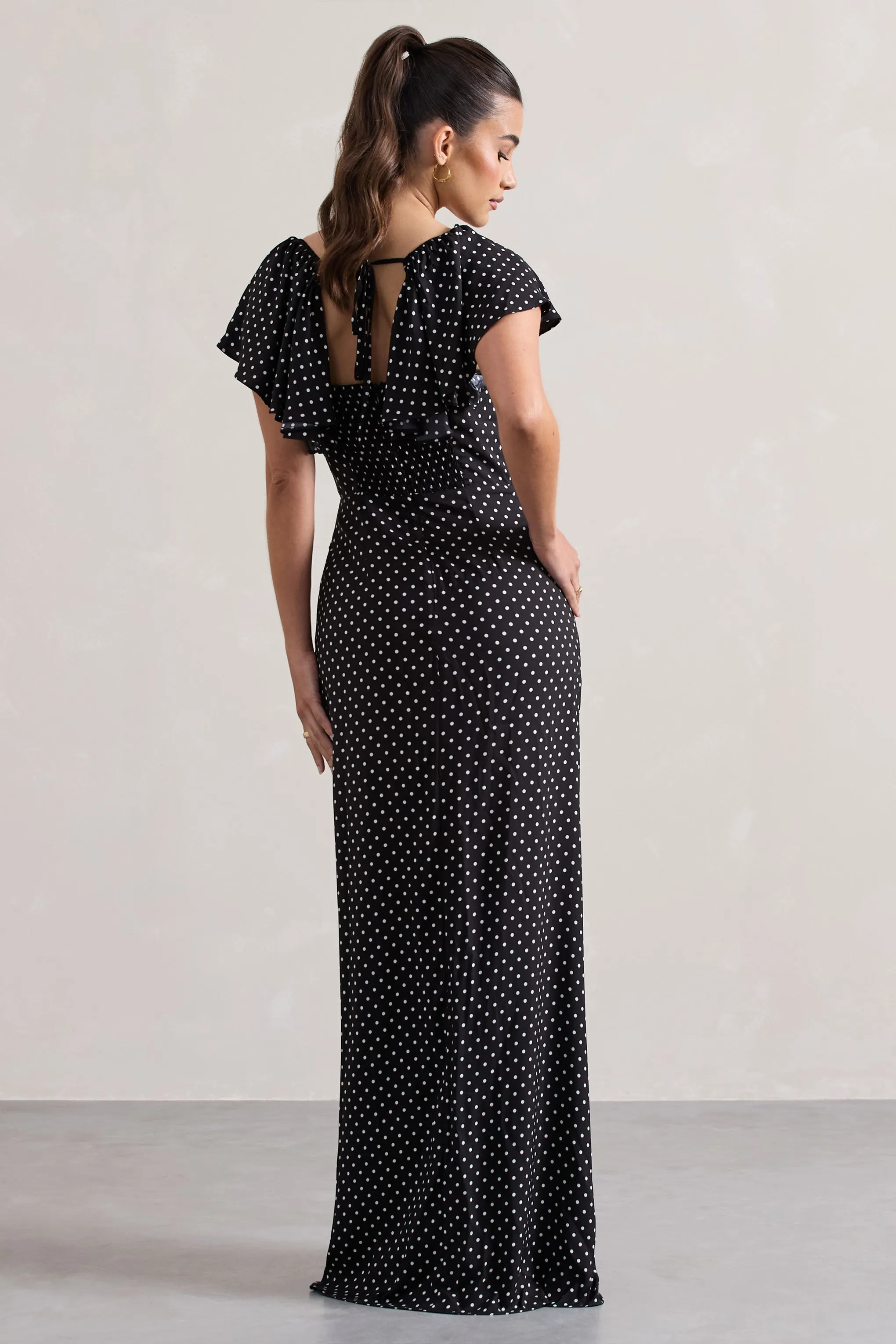 Signorina | Black Polka Dot Buttoned Maxi Dress With Flounced Short Sleeves