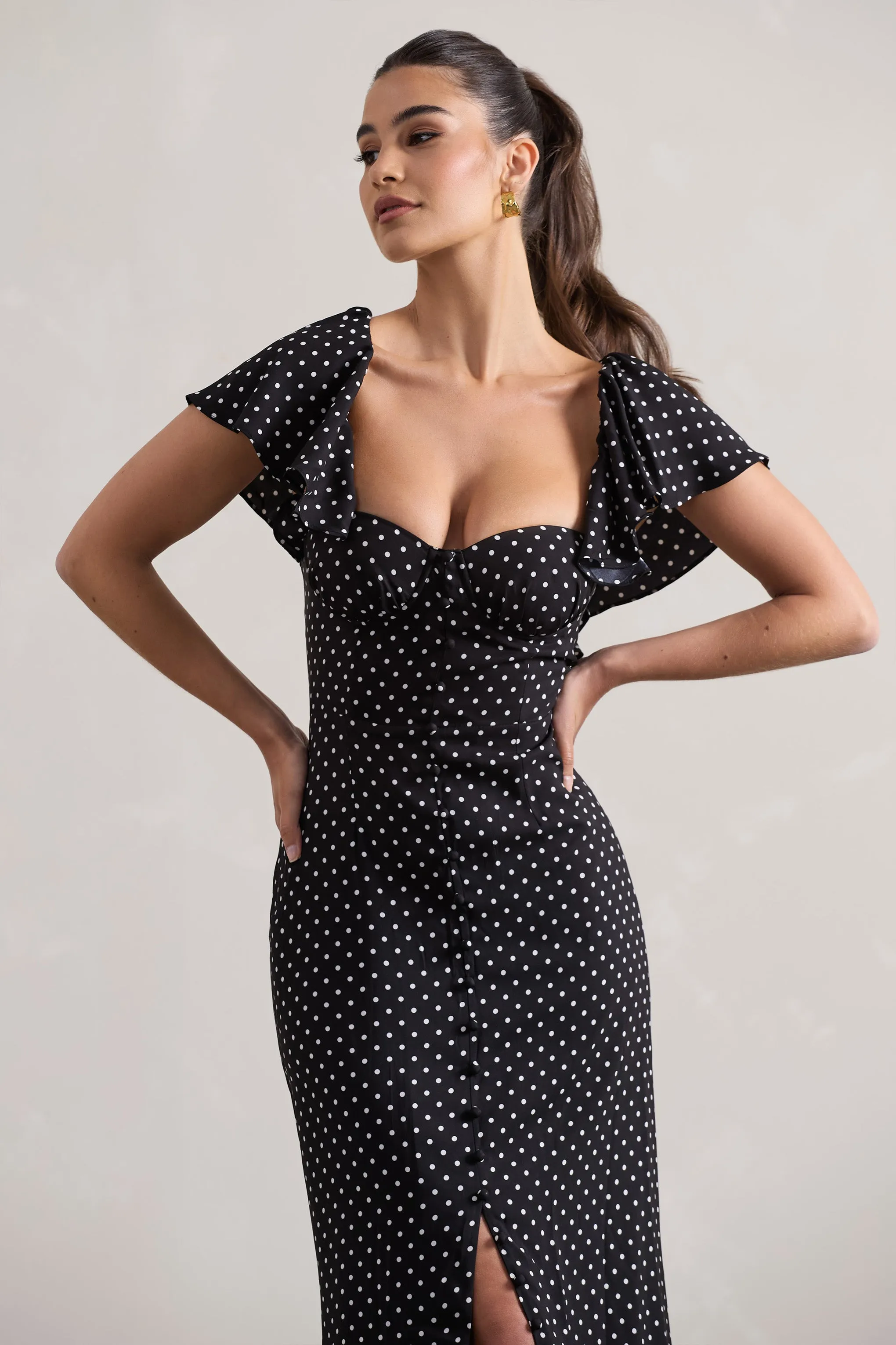 Signorina | Black Polka Dot Buttoned Maxi Dress With Flounced Short Sleeves