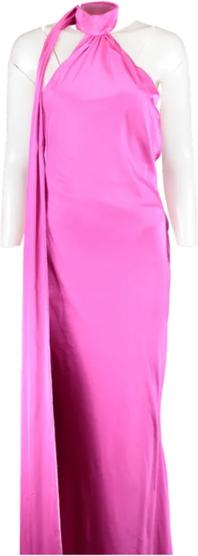 SIMMI Pink Satin Long Neck Tie Maxi Cowl Back Dress UK 10