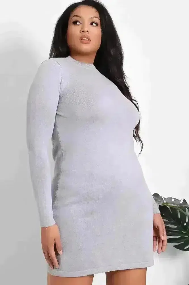 Solid Grey High Neck Knitted Jumper Dress