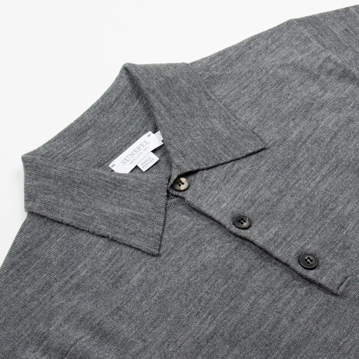 Sunspel - Long Sleeve Merino Polo - Mid Grey Melange