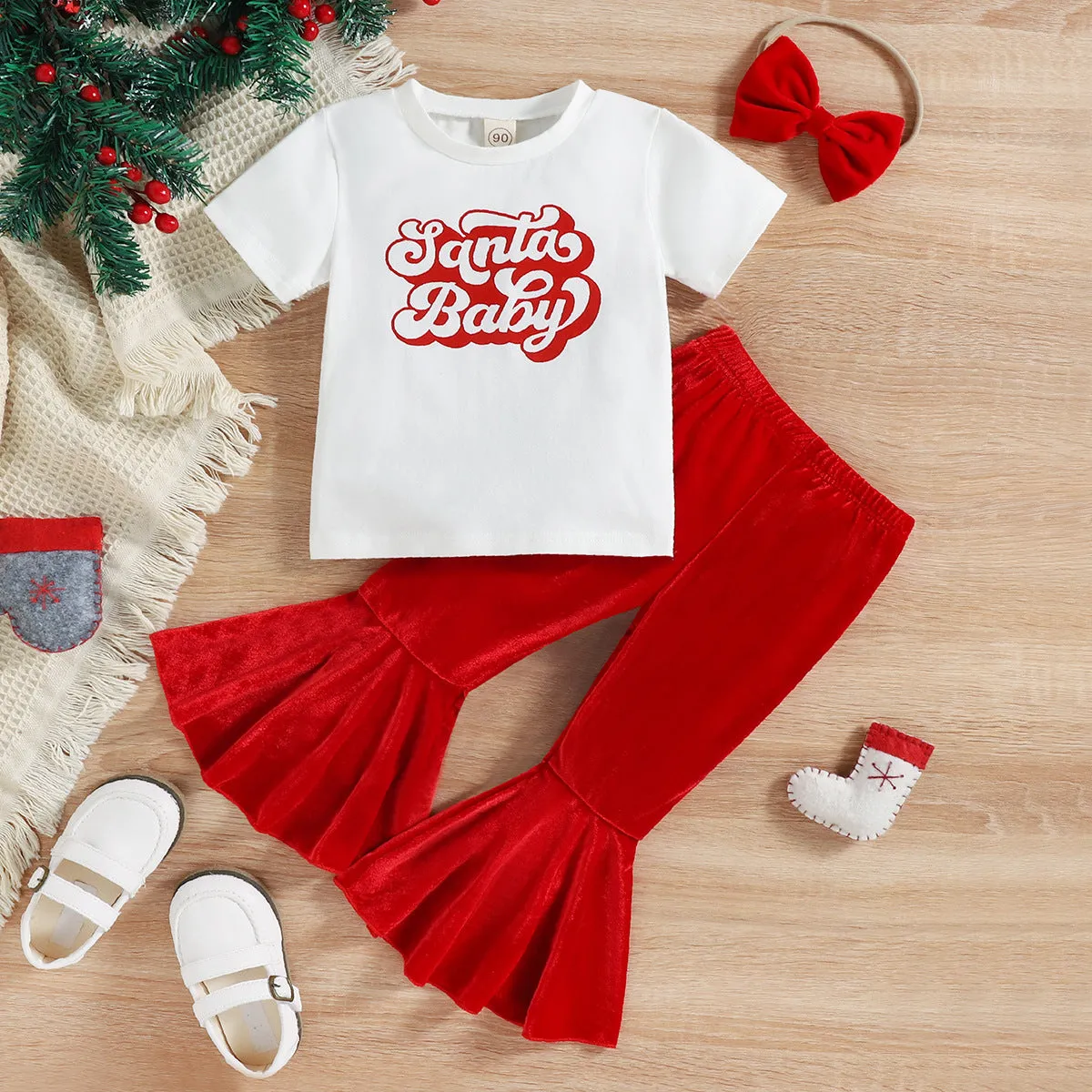 Toddler Kids Girls Christmas White Printed Short-sleeved T-shirt Flared Pants Set