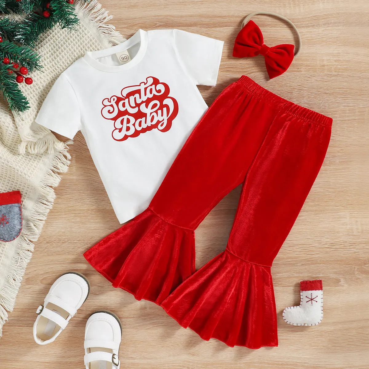 Toddler Kids Girls Christmas White Printed Short-sleeved T-shirt Flared Pants Set