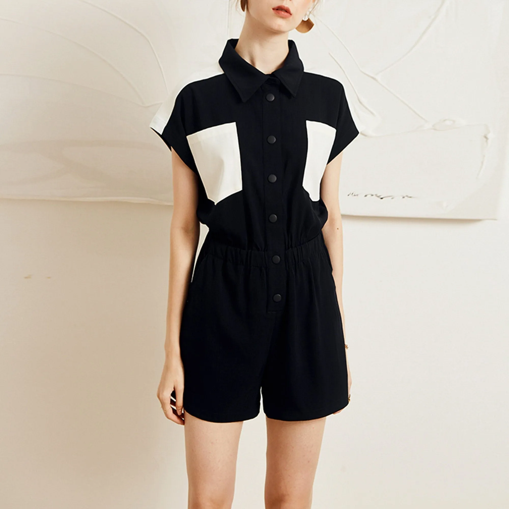 Two Tone Short Sleeve Button Romper