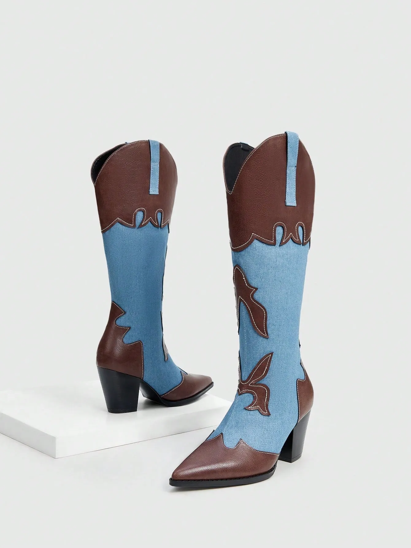 Women's Fashionable And Comfortable Western Boots With Contrasting Colors, Pointed Toe And Block Heel