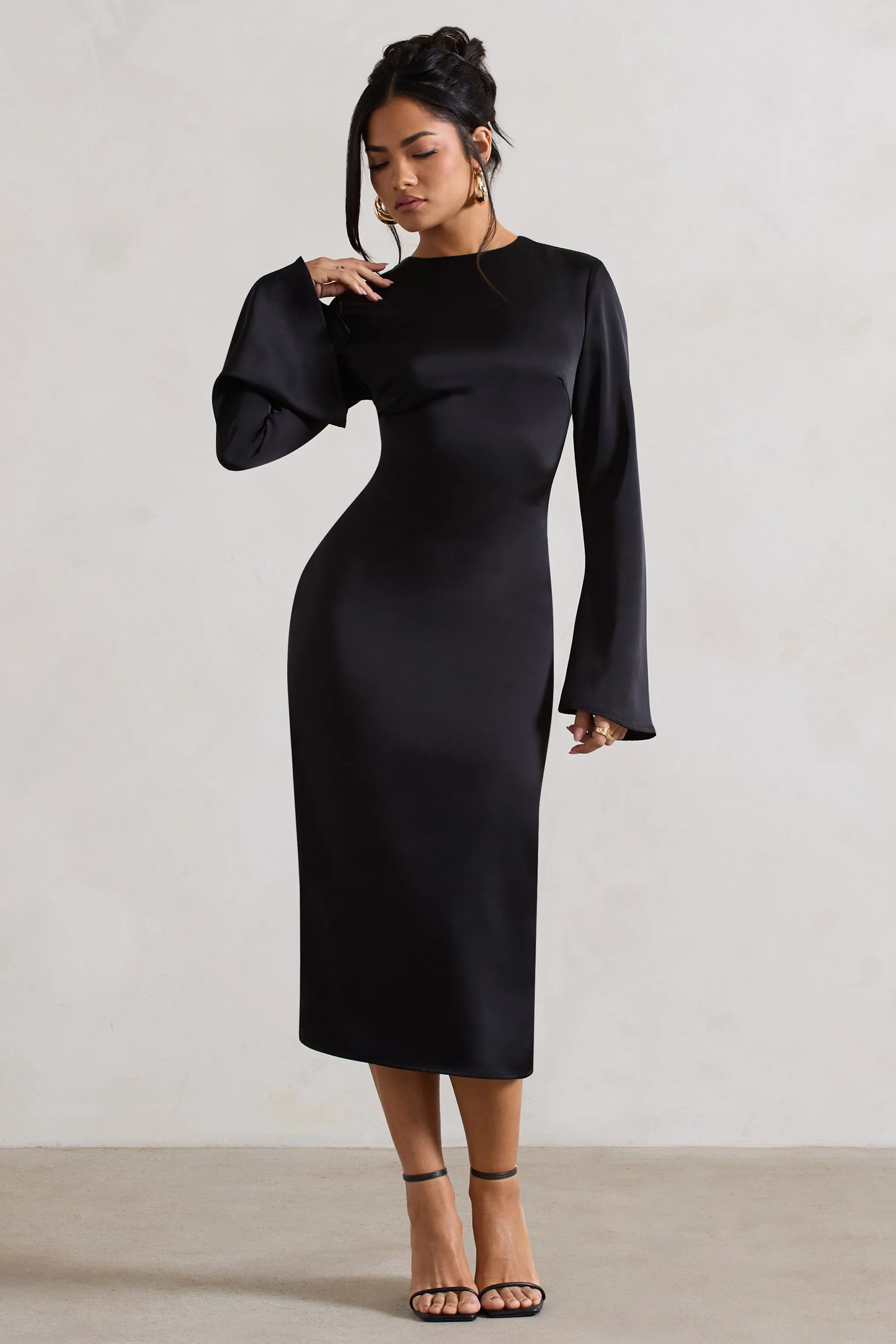 Zaina | Black Long Sleeve Midi Dress with High Neckline