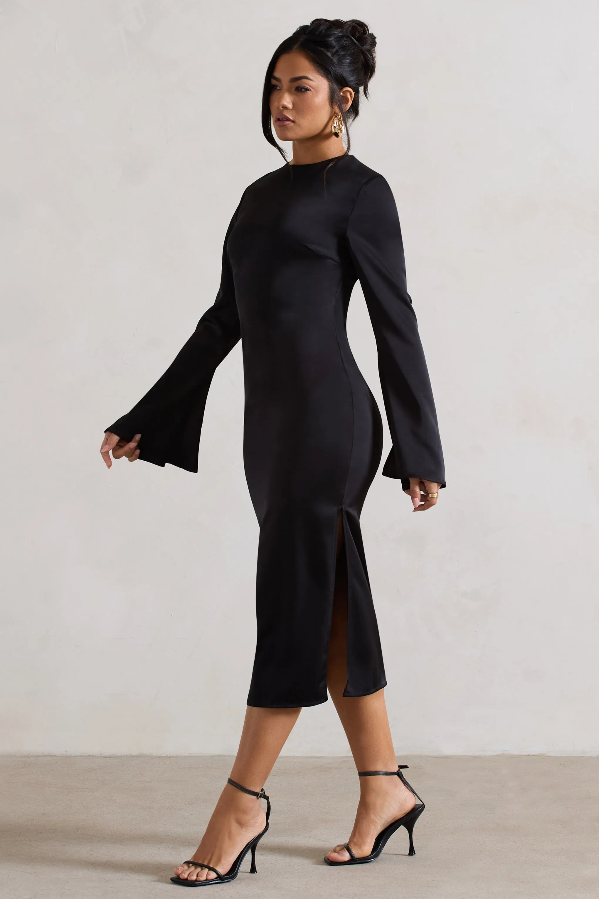 Zaina | Black Long Sleeve Midi Dress with High Neckline