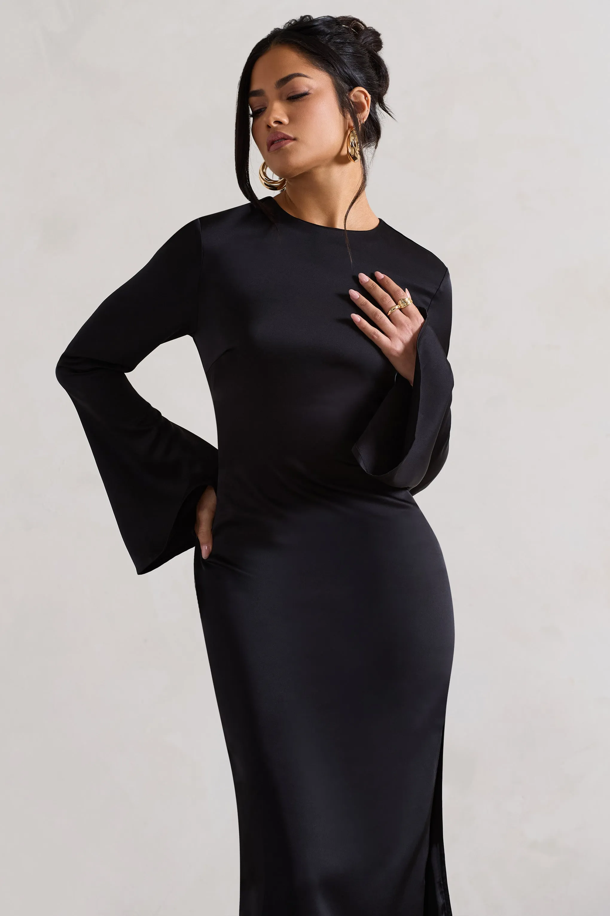 Zaina | Black Long Sleeve Midi Dress with High Neckline