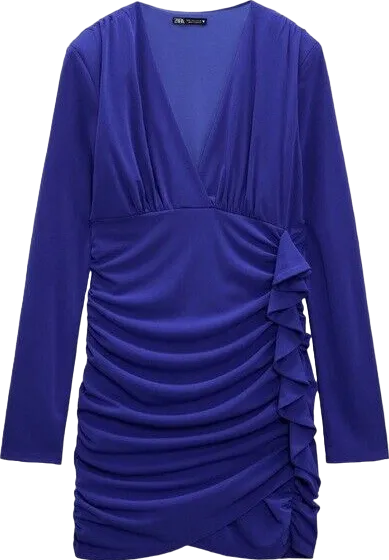 ZARA Blue Ruffle Detail Long Sleeve Double Lined Mini Dress BNWT UK S