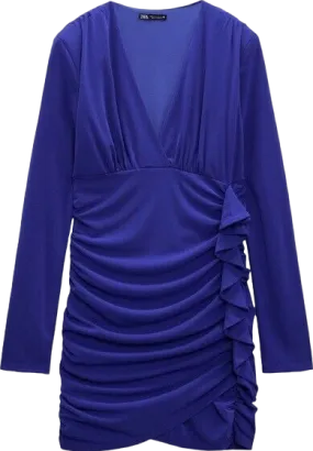 ZARA Blue Ruffle Detail Long Sleeve Double Lined Mini Dress BNWT UK S